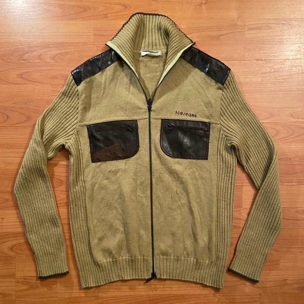 Iceberg jeans 100% virgin wool and leather full zip sweater made in Italy